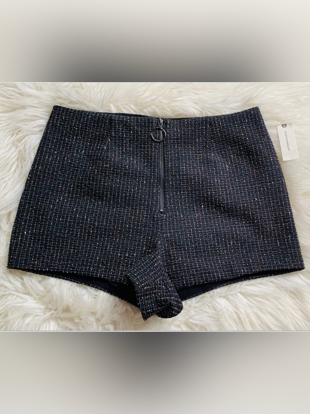NWT Anthropologie Maeve Tweed Zip Front Shorts Black Multicolor Size 12